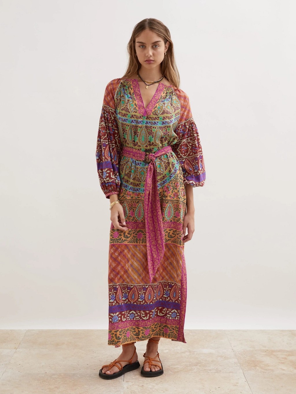 Boteh Es Canar Paisley Boho Maxi Smock Dress Resort Vacation Balloon Sleeve L